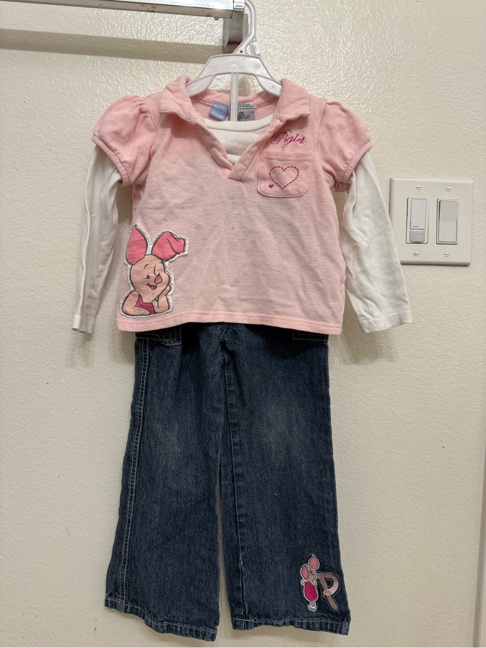 Pink Piglet Layered Top with Dark Denim Jeans Set